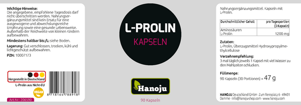 Hanoju L-Prolin Kapseln 400mg, A-Nr.: 4255530 - 02