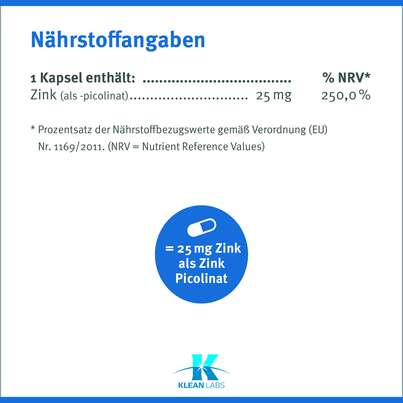 Zink Picolinat 25 mg Klean Labs Kapseln, A-Nr.: 5755631 - 08